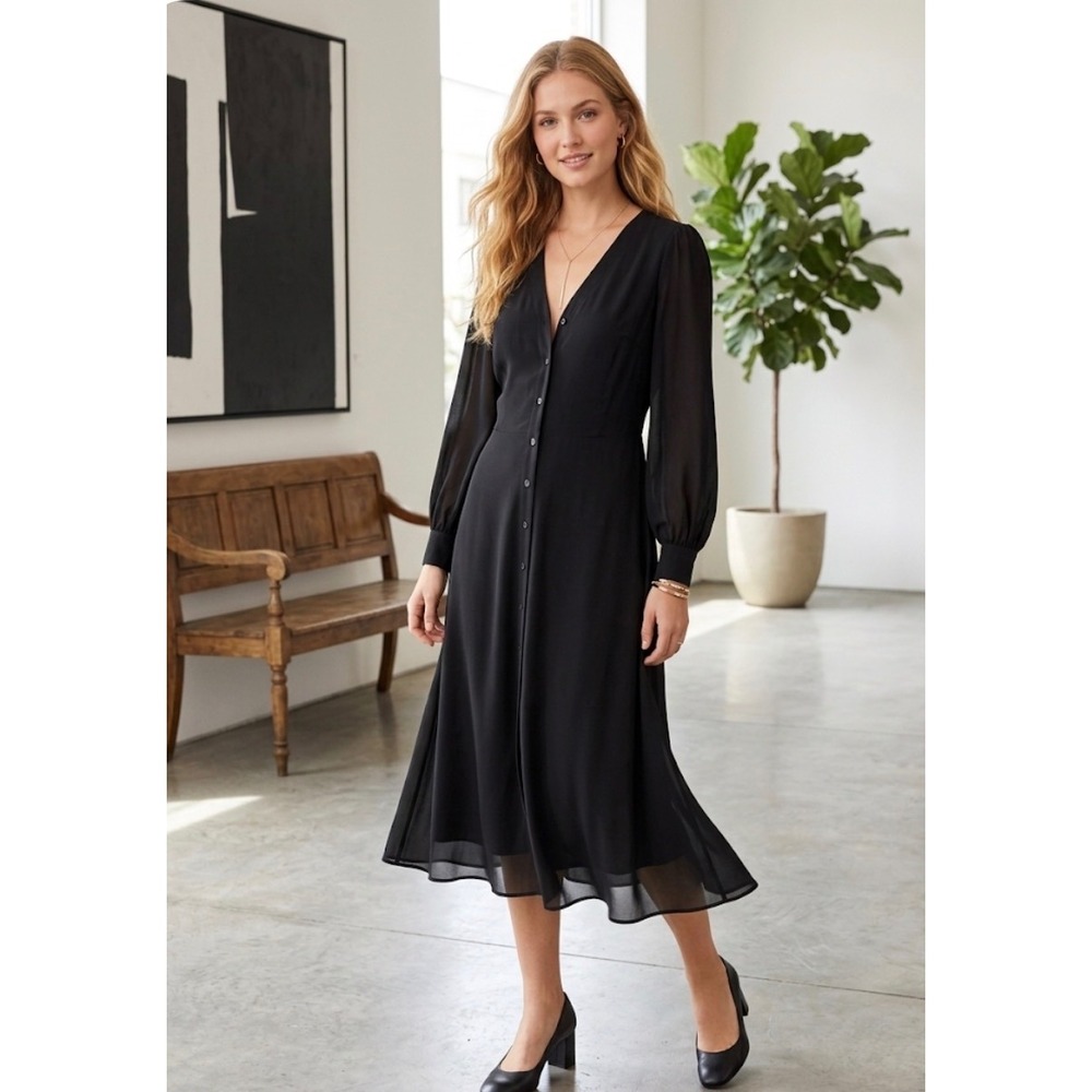 Michael Kors Women Black Sheer‎ Sleeve Button Front Midi Dress WB98Y467R3 1X NEW